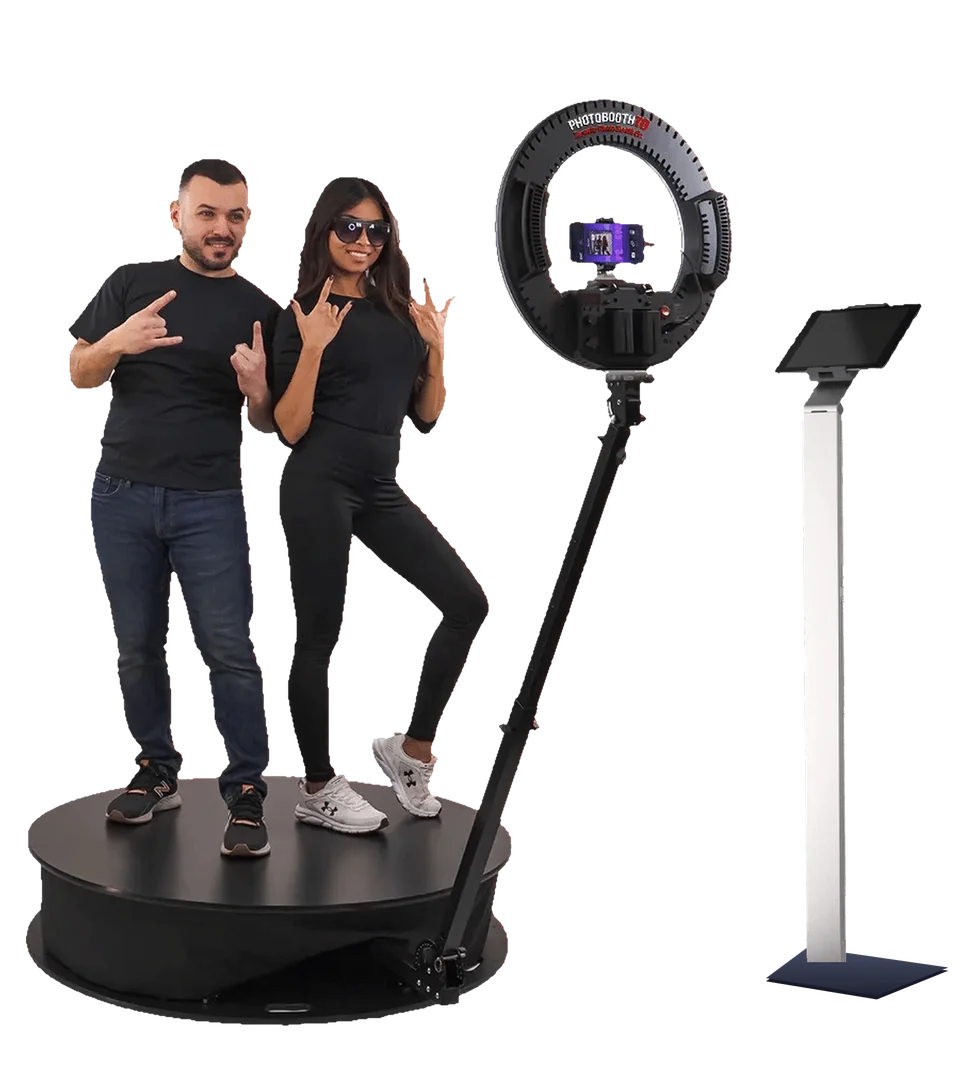 Photobooth 360 : plateforme tournante, bras caméra avec ring light et écran de partage